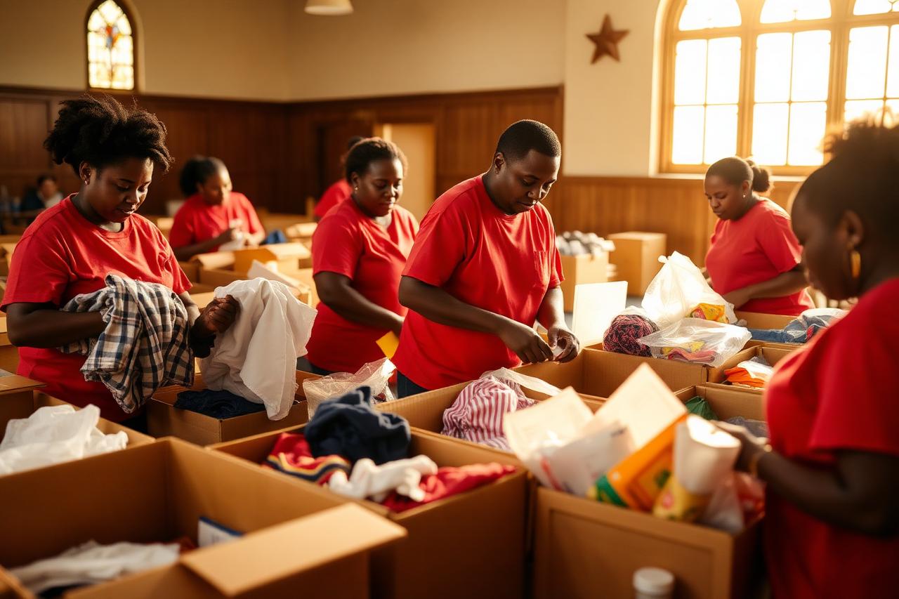 Volunteers sorting donated clothing and school supplies